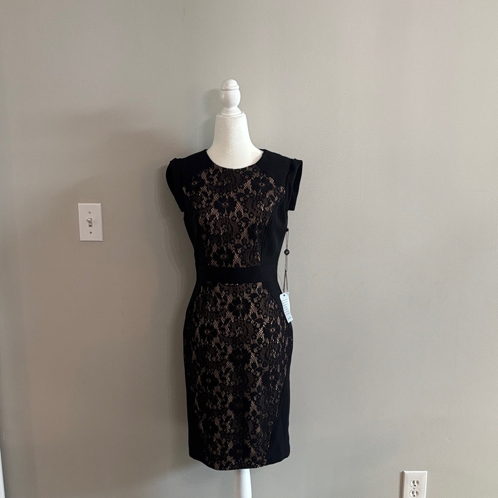 Adrianna Papell Black Lace Sheath Dress with Cap Sleeves